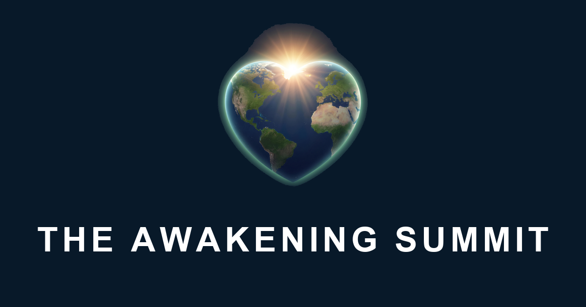 The Awakening Summit official promotional artwork featuring the Earth shaped like a heart beneath a sunrise