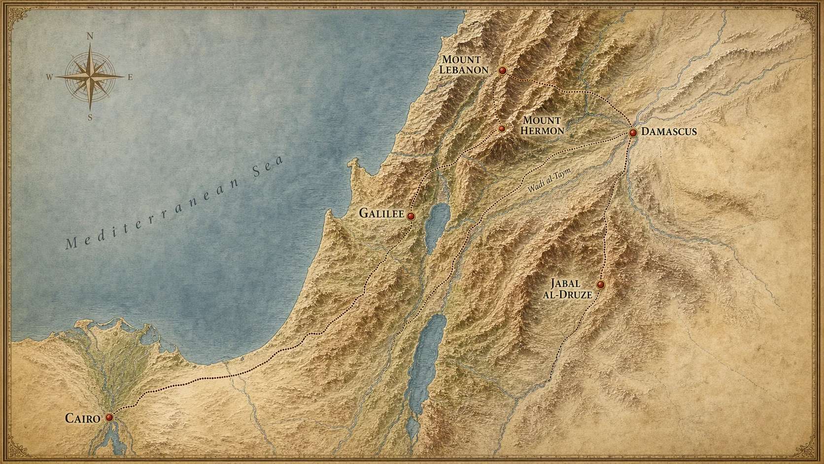 Relief map of Druze homelands from Galilee through Lebanon, Hermon, Damascus, and Jabal al-Druze