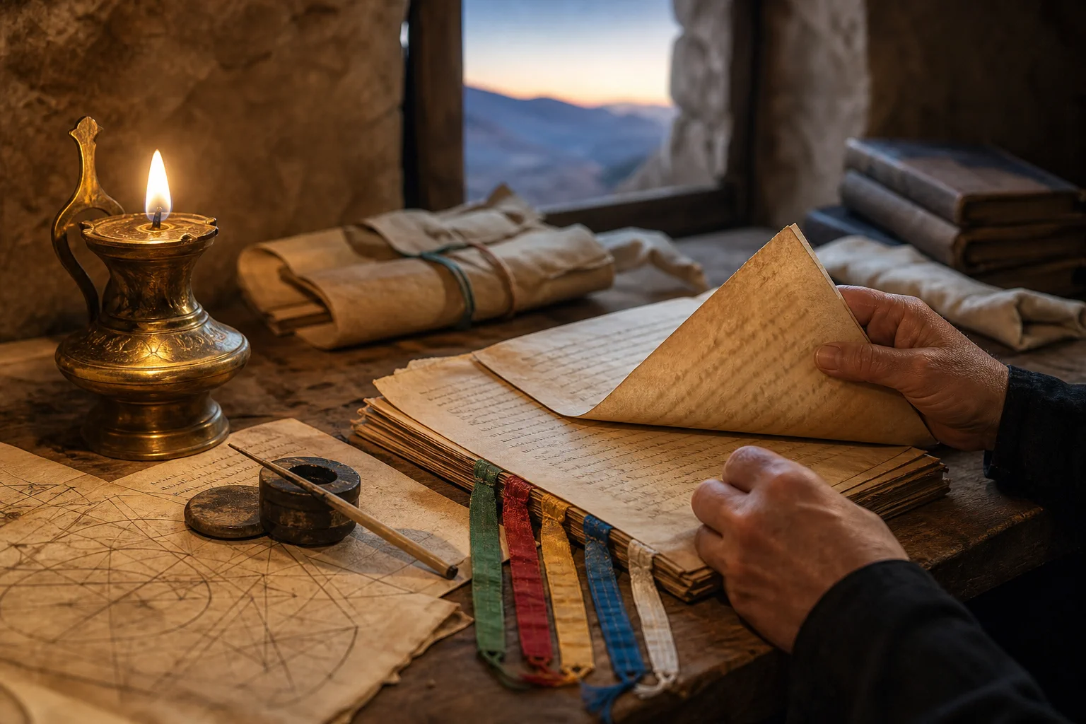 Hands preserving a manuscript marked by five colored silk ribbons