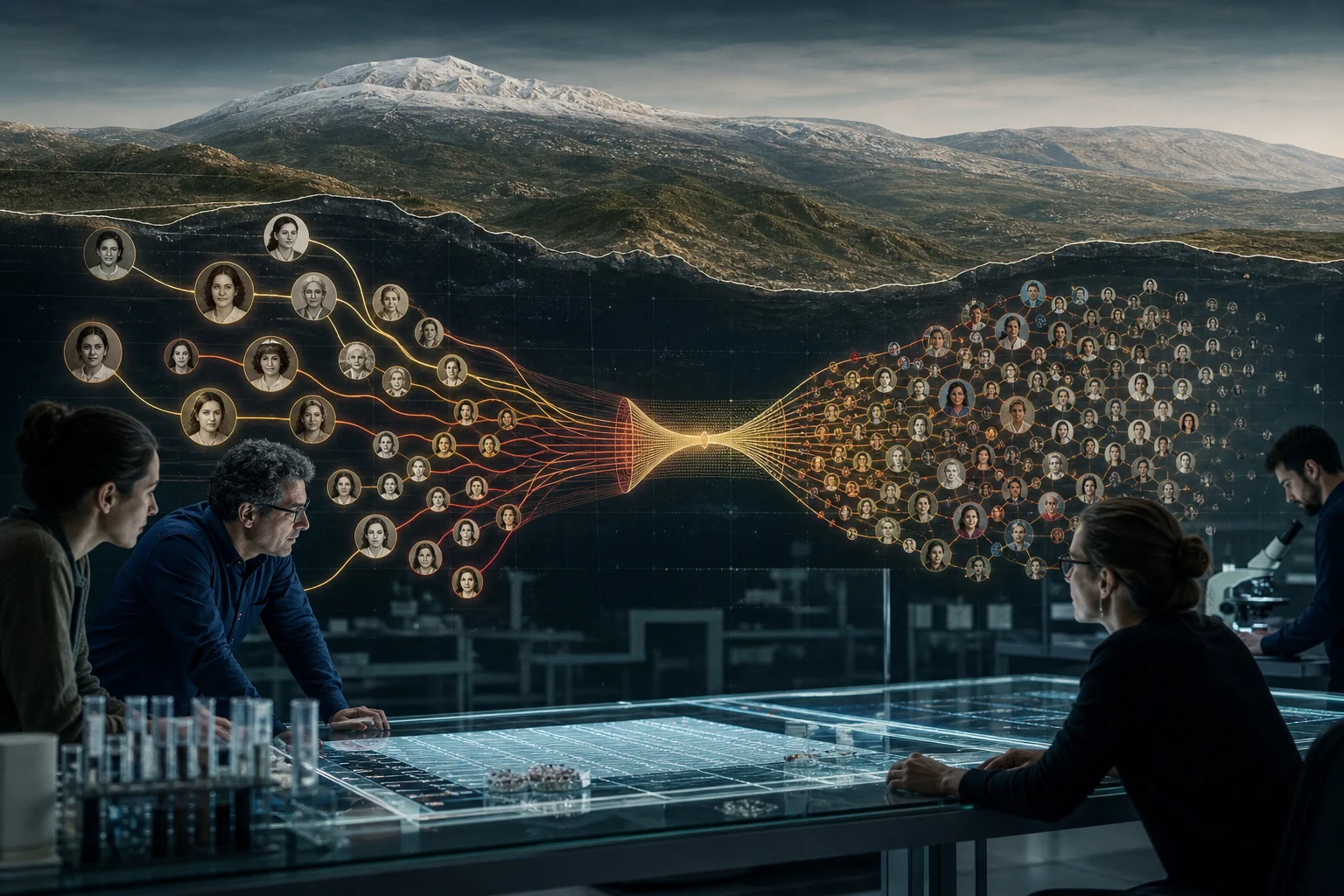 Diverse Druze families connected through a glowing founder-population diagram