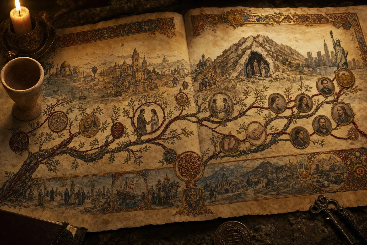 An illuminated manuscript where a family vine grows from an empty clay cup