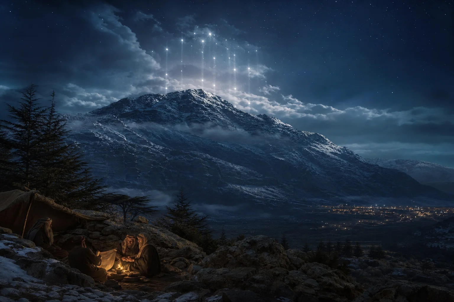 Mount Hermon at night with descending stars and small manuscript scribes