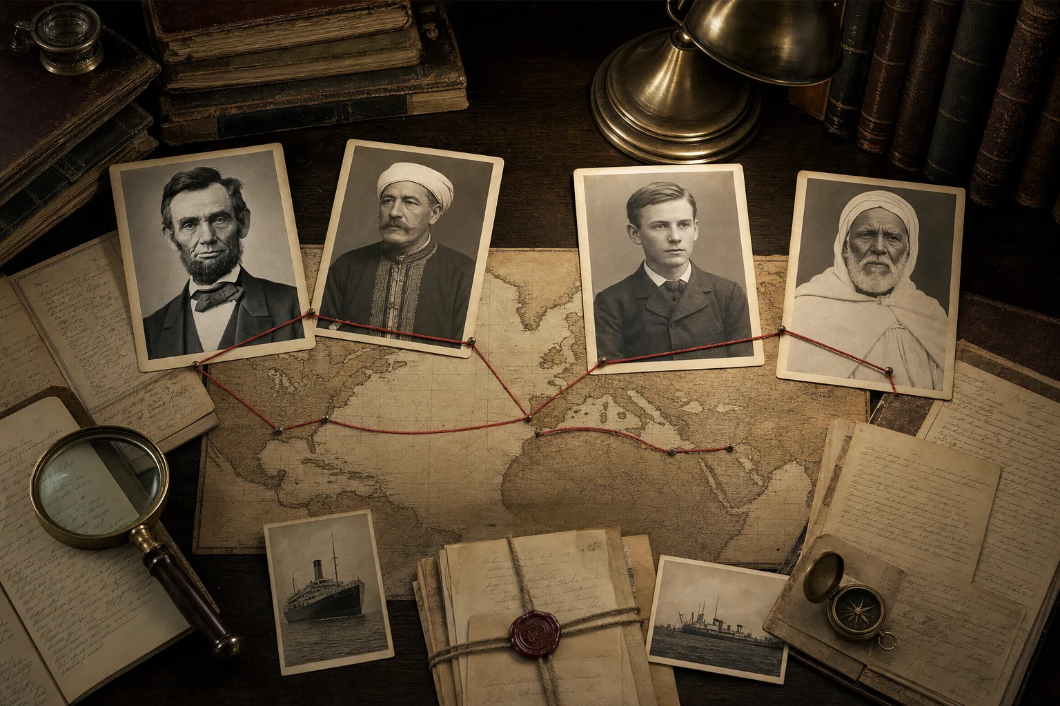 An archival comparison board linking Lincoln-era and Levantine portraits, maps, and dates