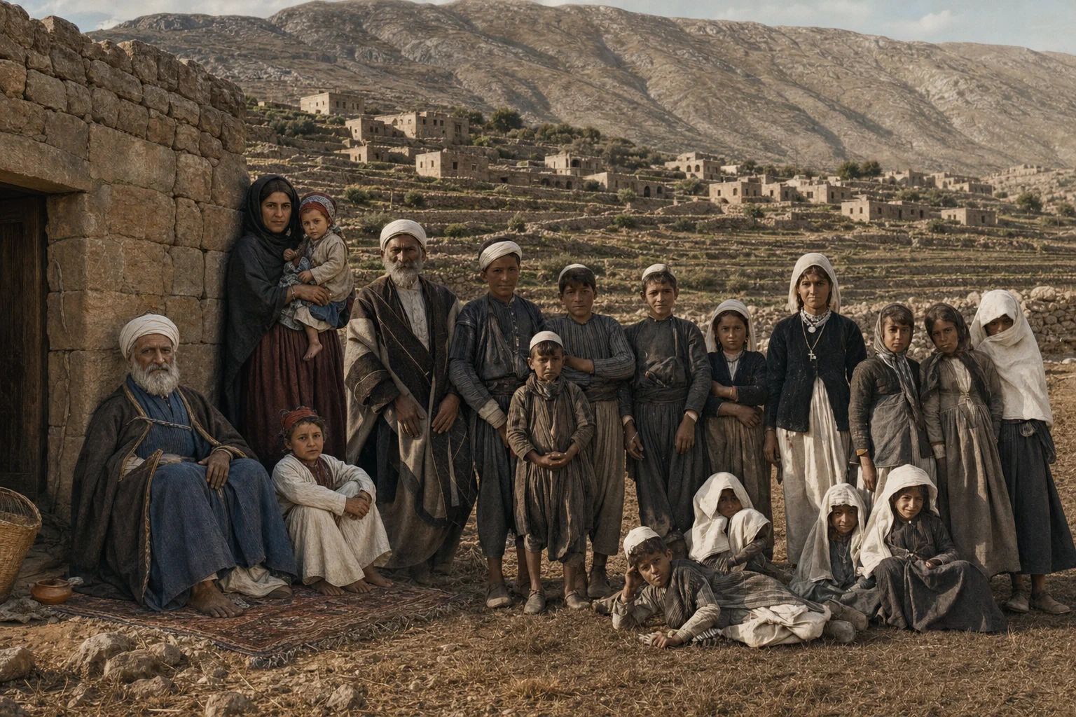 A Druze family in traditional clothing on Mount Hermon around the turn of the twentieth century