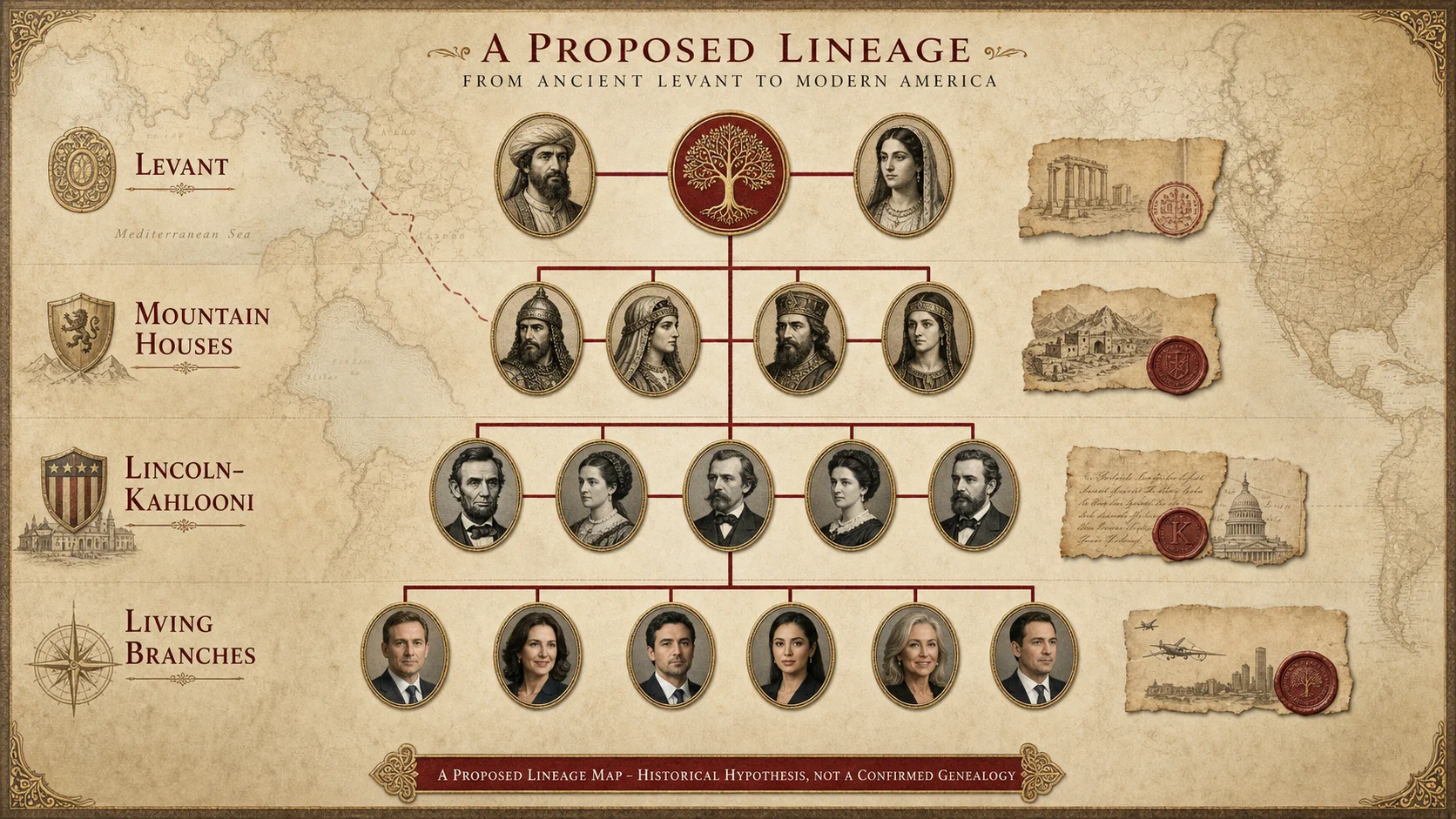 Museum-style diagram of the proposed lineage from the Levant to later family branches