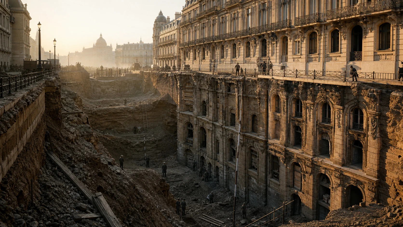 A city excavation exposing ornate windowed floors beneath the modern street