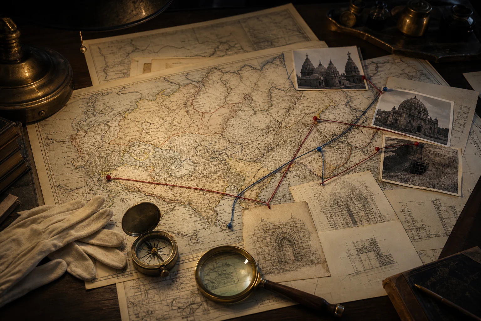 Historic Eurasian maps connected to photographs and architectural survey drawings