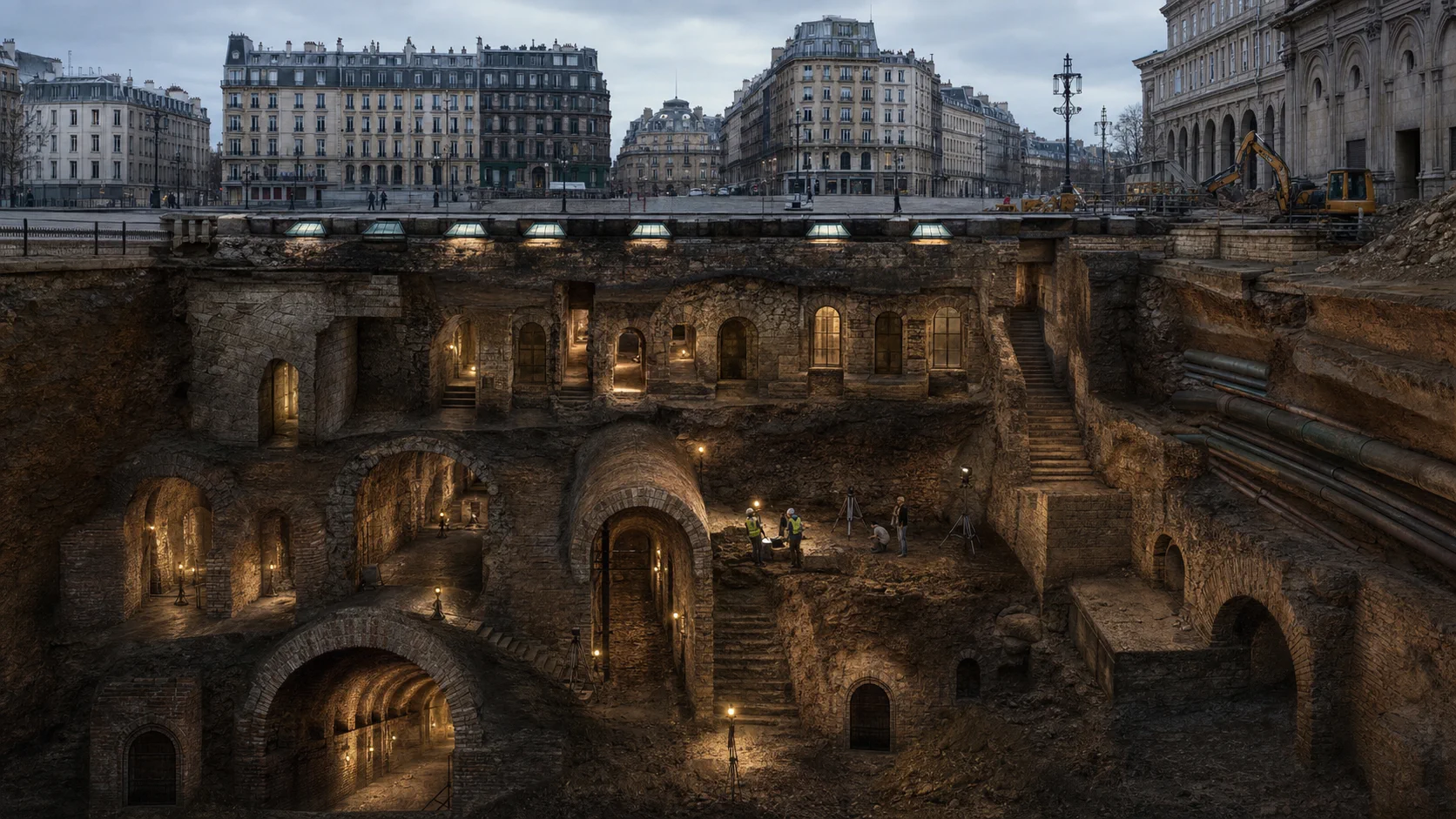 A cutaway excavation revealing brick tunnels, lower windows, staircases, and survey teams