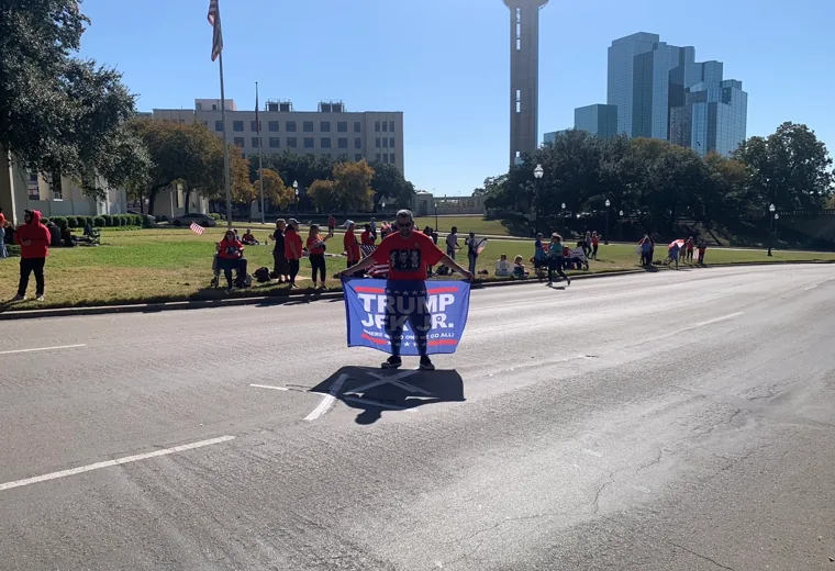 Public gathering near the Dallas skyline