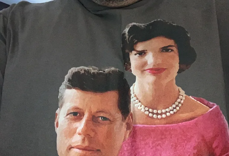 Layered portrait artwork of John and Jacqueline Kennedy